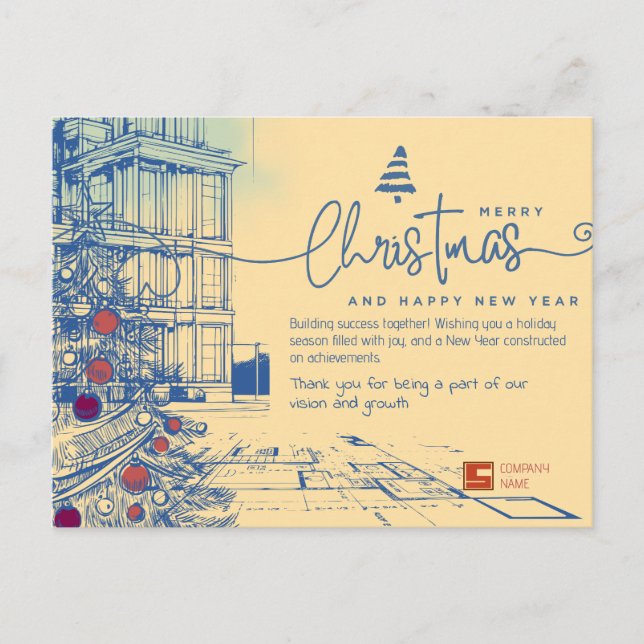 Cartão Postal De Festividades Natal e arquitetura do Elegante Blueprint (Frente)