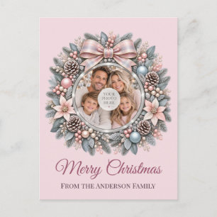 Cartão Postal De Festividades Natal em Família Rosa Ballet Coroa de Prata