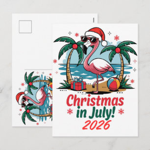 Cartão Postal De Festividades Natal Em Julho Flamingo Rosa Chapéu de Papai Noel