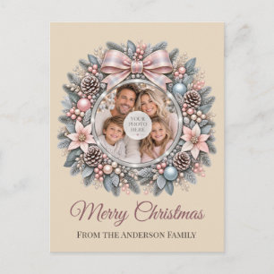 Cartão Postal De Festividades Natal Família Coroa de Prata Champanhe