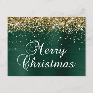 Cartão Postal De Festividades Natal Feliz Dourado Brilho Pinheiro Verde Folha