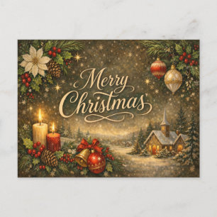 Cartão Postal De Festividades Natal Feliz em Letra Cursiva Dourada Vintage