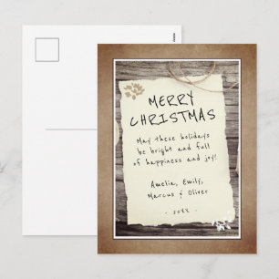 Cartão Postal De Festividades Natal Feliz em Letra de Script Papel Antigo Madeir