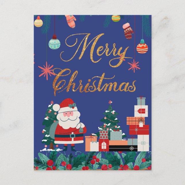 Cartão Postal De Festividades Natal feliz moderno - Papai Noel e presente (Frente)