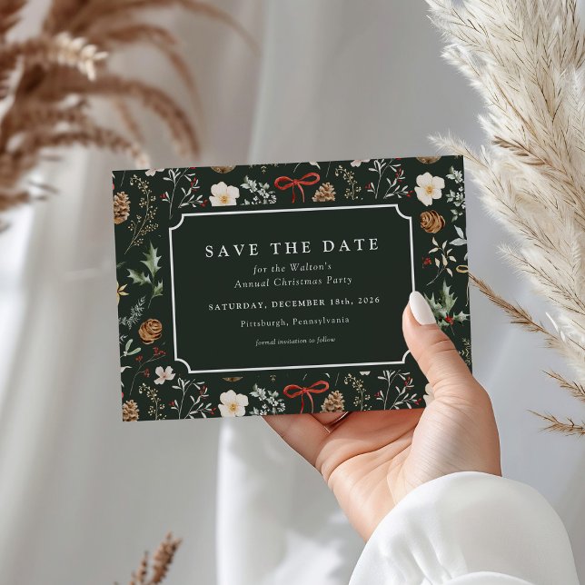 Cartão Postal De Festividades Natal Festivo Botânico de inverno Salvar a Data (Criador carregado)