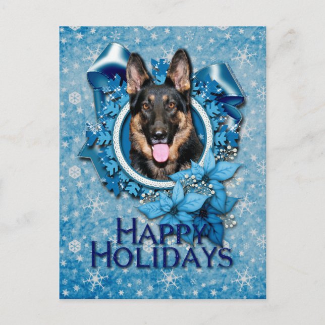 Cartão Postal De Festividades Natal - Floco de Neve Azul - German shepherd - Kun (Frente)