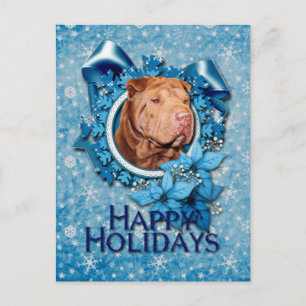 Cartão Postal De Festividades Natal - Floco de Neve Azul - Shar Pei - Sortudo