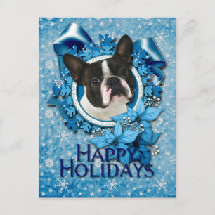 Cartão Postal De Festividades Natal - flocos de neve azuis - Boston Terrier