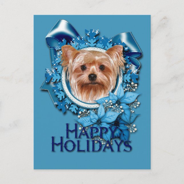 Cartão Postal De Festividades Natal - Flocos de neve azuis - Yorkshire Terrier (Frente)