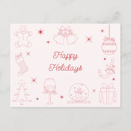 Cartão Postal De Festividades Natal Fofo Divertido Rosa Vermelho Desenhado à Mão