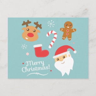 Cartão Postal De Festividades Natal Fofo - Papai Noel, Rena, Homem de Pão de Mel