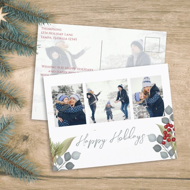 Cartão Postal De Festividades Natal Holly Berries Greenery 4 Foto (Happy Holidays Christmas photo budget friendly postcard template. )