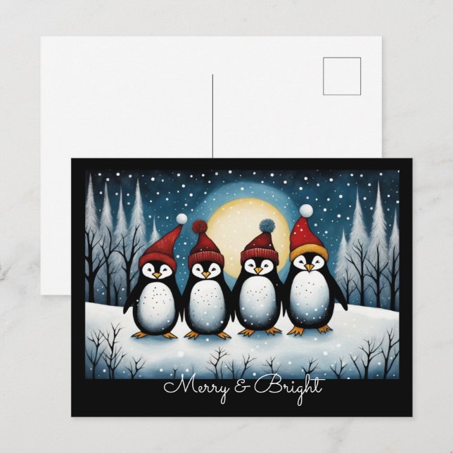 Cartão Postal De Festividades Natal Inverno Papais noeis Noturnos Pinguins Natal (Frente/Verso)