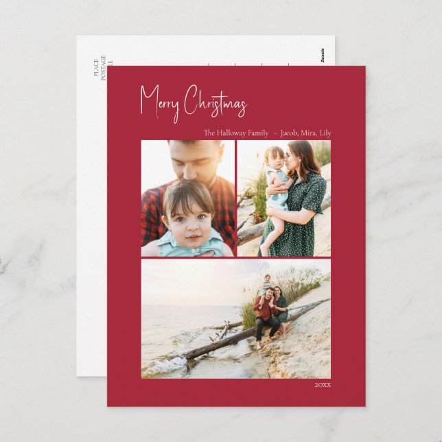 Cartão Postal De Festividades Natal moderno | Red Vertical 3 Foto (Frente/Verso)
