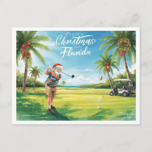 Cartão Postal De Festividades Natal na Flórida Papai Noel jogando golfe