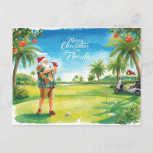 Cartão Postal De Festividades Natal na Flórida Papai Noel jogando golfe