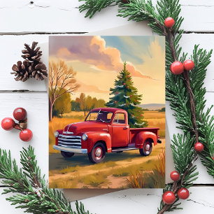Cartão Postal De Festividades Natal no Campo Caminhão Vermelho Árvore de Natal