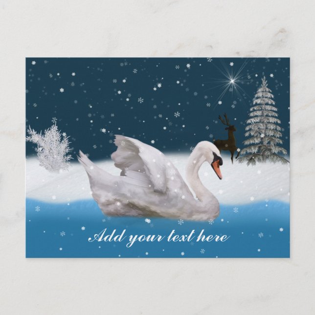 Cartão Postal De Festividades Natal, Noite de Neve com Um Swan, Personalizável (Frente)