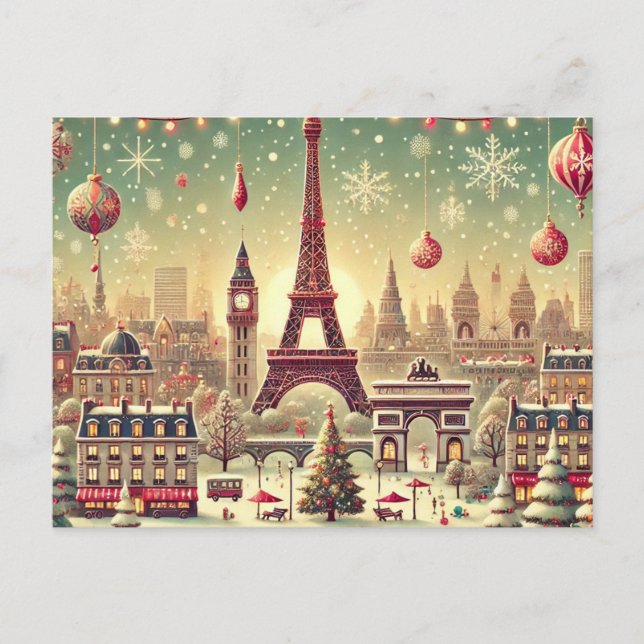 Cartão Postal De Festividades Natal Nostálgico em Paris – Magia das Festas (Frente)