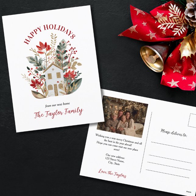 Cartão Postal De Festividades Natal - Nova Casa (cute watercolor house surrounded with christmas greenery)