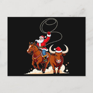 Cartão Postal De Festividades Natal Papai Noel Cowboy Laço Touro Rodeio