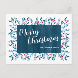 Cartão Postal De Festividades Natal Personalizado Azul Floral Aquarela