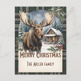 Cartão Postal De Festividades Natal Plaid Alce Floresta Invernal Vintage