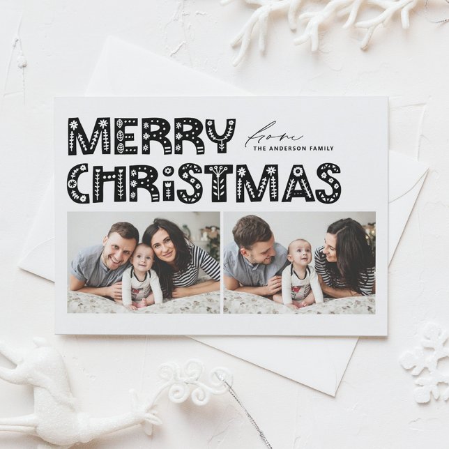 Cartão Postal De Festividades Natal preto e escandinavo com duas fotos (Black Scandinavian Two Photo Collage Christmas Holiday Postcard)