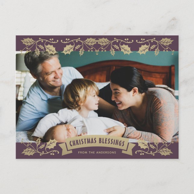 Cartão Postal De Festividades Natal Purple Holly Religioso (Frente)