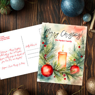 Cartão Postal De Festividades Natal Tradicional em Aquarela com Vela para Famíli