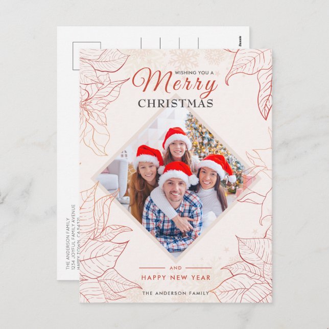 Cartão Postal De Festividades Natal Vermelho de Poinsettia Floral Elegante (Frente/Verso)