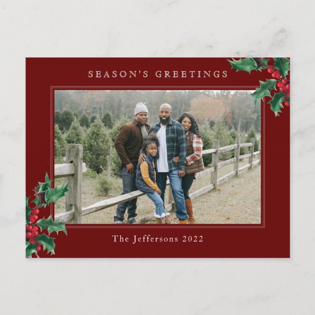 Cartão Postal De Festividades Natal Vermelho Personalizado Simples Holly Berry (Frente)