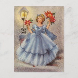 Cartão Postal De Festividades natal vintage Garota Em Vestido Azul