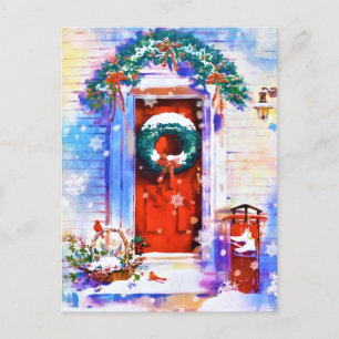 Cartão Postal De Festividades Natal Vintage Inverno Vermelho Porta de Casa Aquar