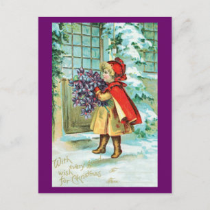 Cartão Postal De Festividades Natal vintage - menina com violetas