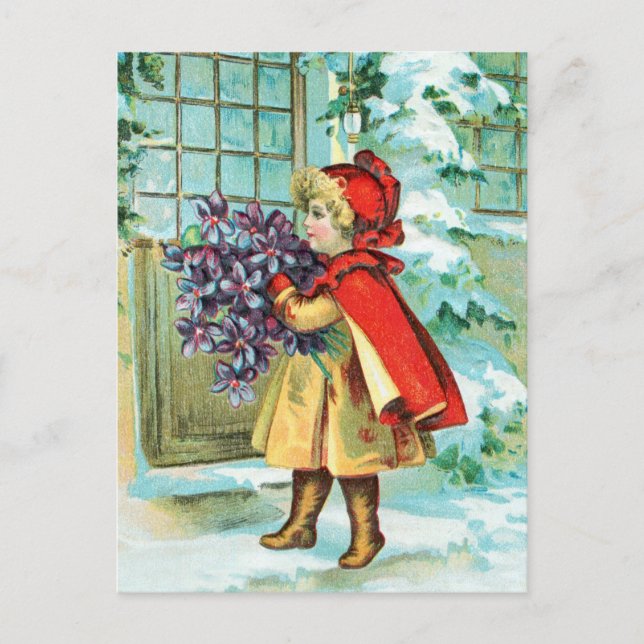 Cartão Postal De Festividades Natal vintage menina & violetas (Frente)