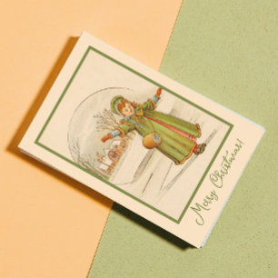 Cartão Postal De Festividades Natal vintage Paisagem Menina Vestido Verde