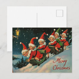 Cartão Postal De Festividades Natal Vintage Retro: Elfos de Trenó