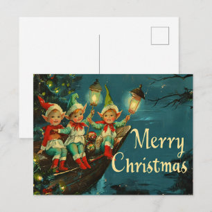 Cartão Postal De Festividades Natal Vintage Retro: Elfos Felizes