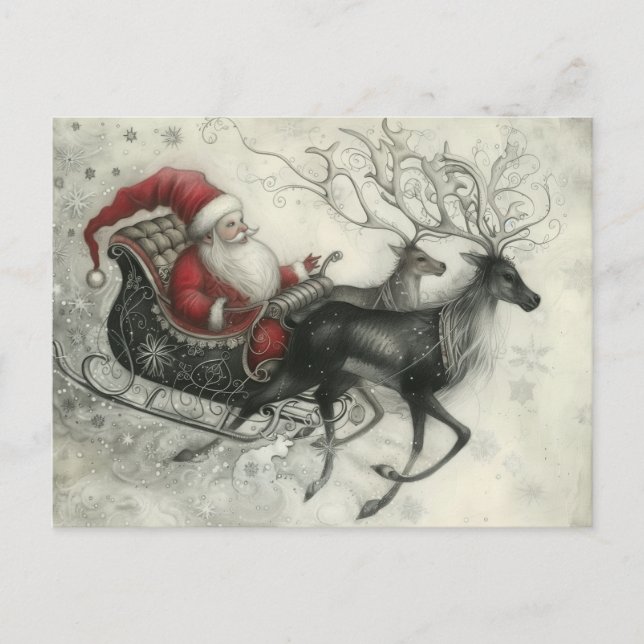 Cartão Postal De Festividades Natal Whimsso Papai Noel e Sua Reindeer (Frente)