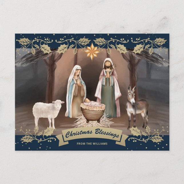 Cartão Postal De Festividades Nativity Scene Blue Christian Christmas (Frente)