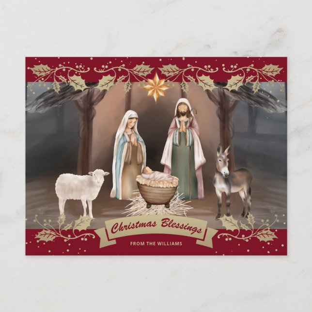 Cartão Postal De Festividades Nativity Scene Red Christian Christmas (Frente)