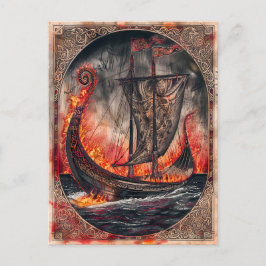 Cartão Postal De Festividades Nave Viking em Chamas no Ritual de Enterro