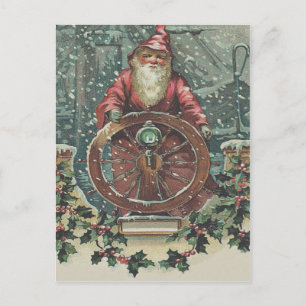 Cartão Postal De Festividades Navio de Papai Noel Tempestade de Neve Azevinho