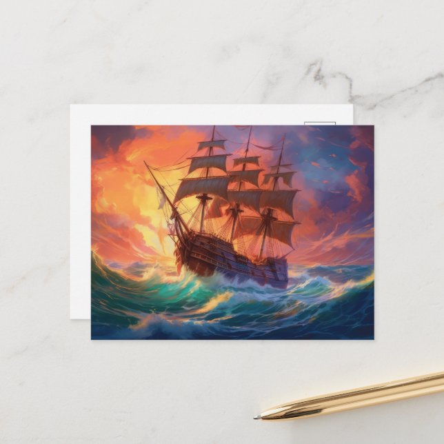 Cartão Postal De Festividades Navio De Velas Em Um Mar Tempestade (Frente/Verso In Situ)