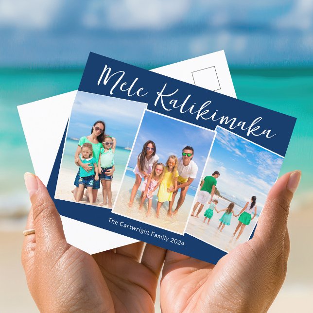 Cartão Postal De Festividades Navy Blue Mele Kalikimaka 3 Family Photo Christmas (Criador carregado)