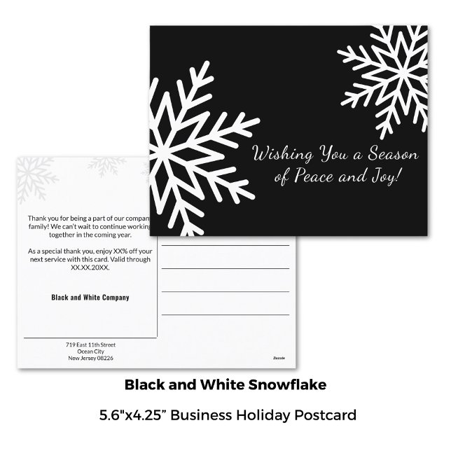 Cartão Postal De Festividades Negócio de flocos de neve de inverno preto e branc (5.6x4.25 Inch, Minimal Black and White Winter Snowflake Business Holiday Postcard)
