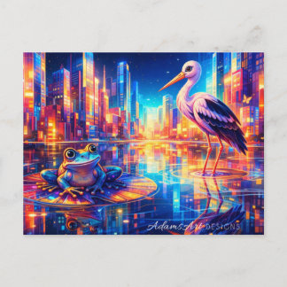 Cartão Postal De Festividades Neon City Reflections: Frog and Heron Dreamscape