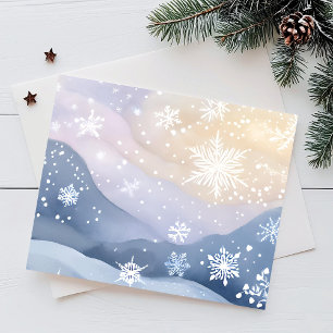 Cartão Postal De Festividades Neve Pastel de Inverno Colinas Aquarela Bonito