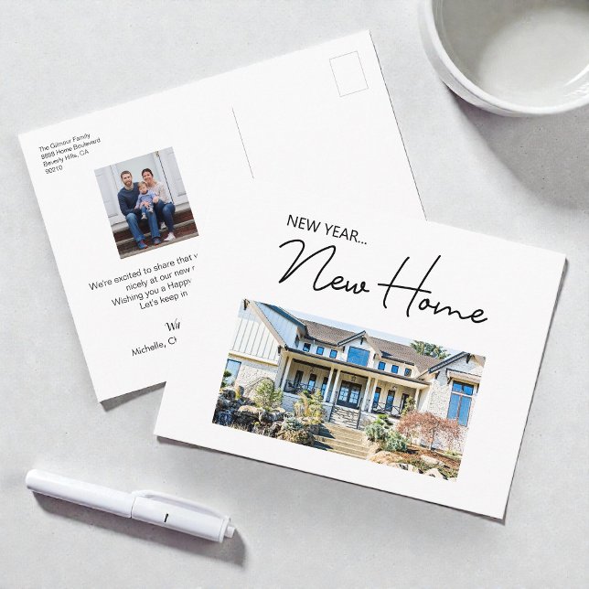 Cartão Postal De Festividades New Year New Home Moving Announcement photos (CusromModern new year new home horizontal house photo and family postcard. )